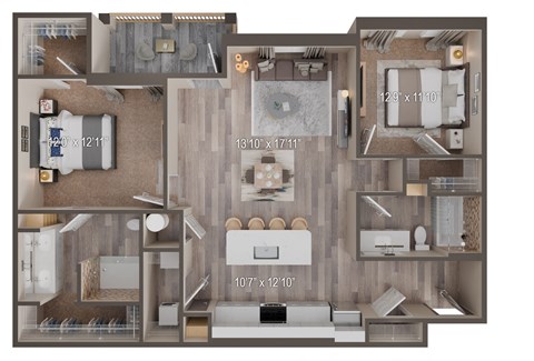 Floor plan for 2 beds, 2 baths, 1350 sqft